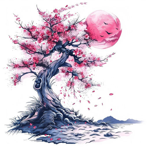 Cherry blossom tree in full bloom with anime-inspired scenery, serene and beautiful tattoo art on white background.