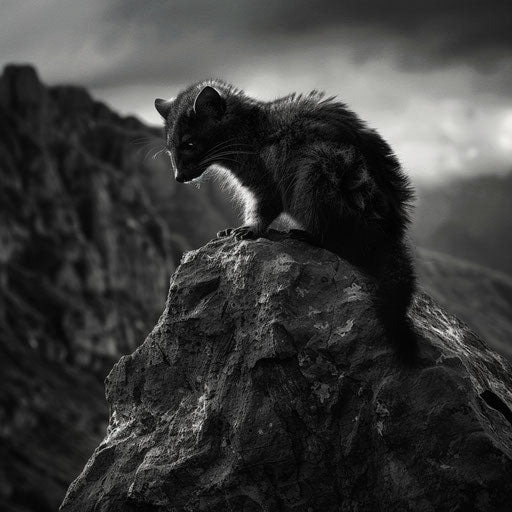 Possum perched on a rock in front of a dramatic mountain backdrop