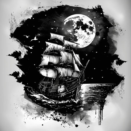 Pirate ship under full moon in clipart style