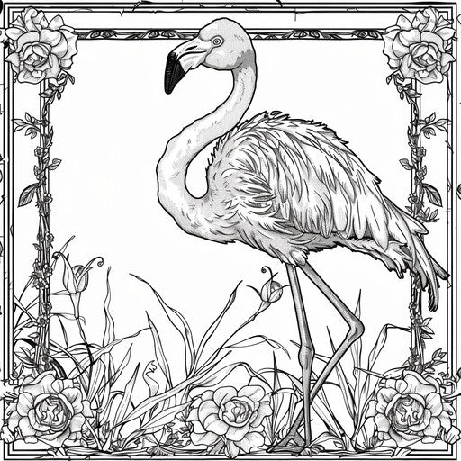 Elegant flamingo with floral garlands in the style of Megan Hess Coloring book page