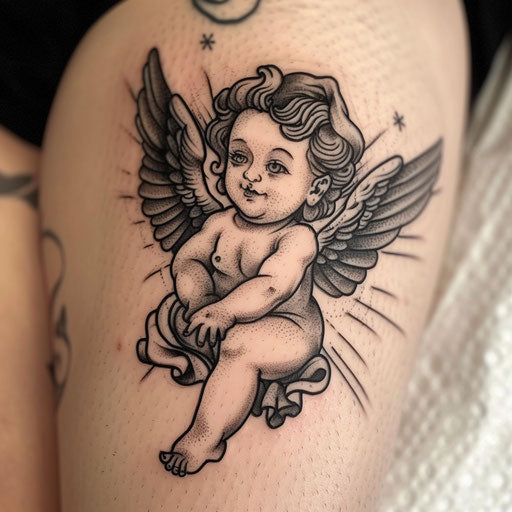 Traditional cherub tattoo on white canvas