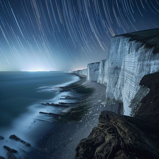 White Cliffs of Dover with star trails in the night sky, in the style of Michael Shainblum