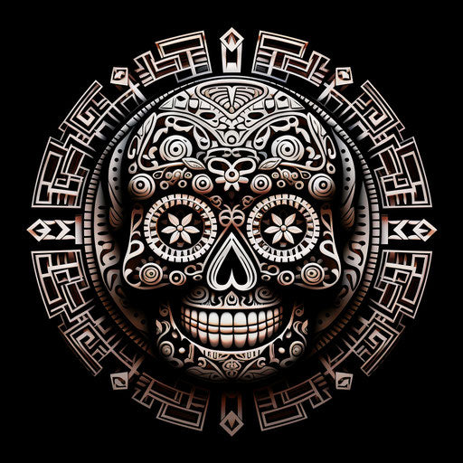 Tribal mandala pattern with skull in stencil-based style, kushan empire