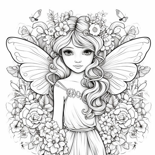 Fairy with wings and flowers, captivating coloring pages