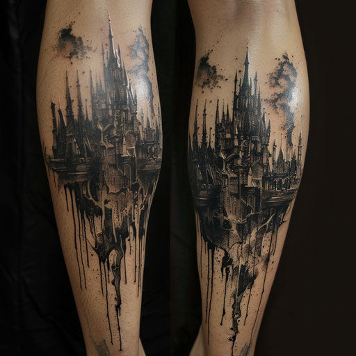 Gothic leg tattoo in the style of Gerald Brom