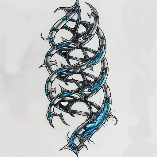 Futuristic DNA tattoo sketch in clipart style with metallic silver and blue colors