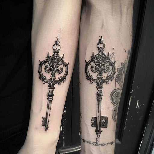 Matching key and lock tattoos, in the style of Gerald Brom