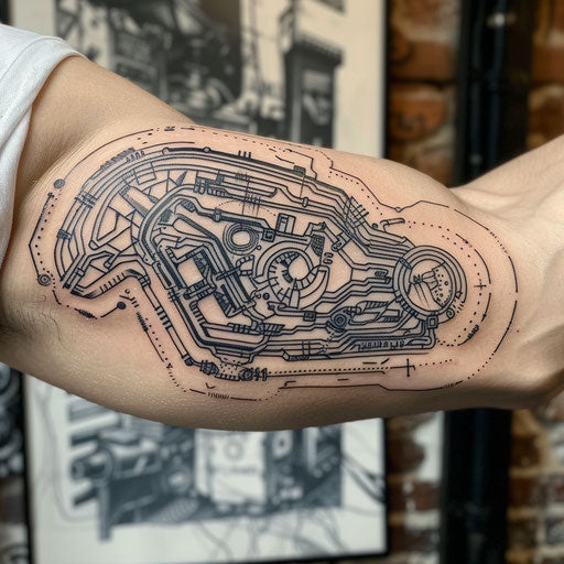 Bicep tattoo of a biomechanical circuit, in Guy Aitchison style