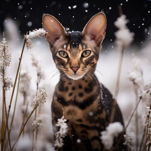 Oriental shorthair cat in a field while it is snowing