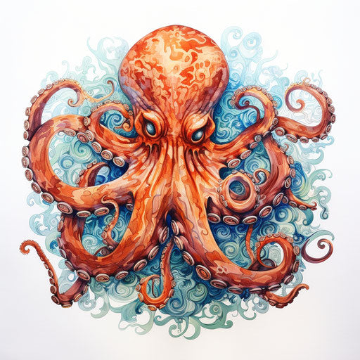 Rainbow octopus watercolor art, light orange and light bronze