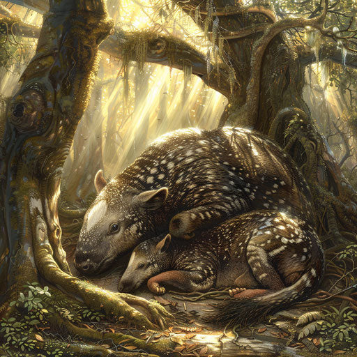 Baird's tapir mother and her baby cuddling in ancient trees' embrace