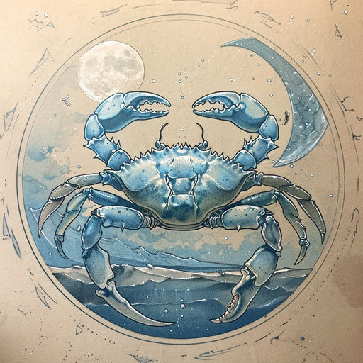 Flat tattoo of cancer, crab at moon on beach