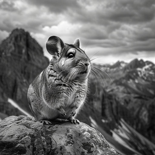 Chinchilla on a rock with mountains in the background