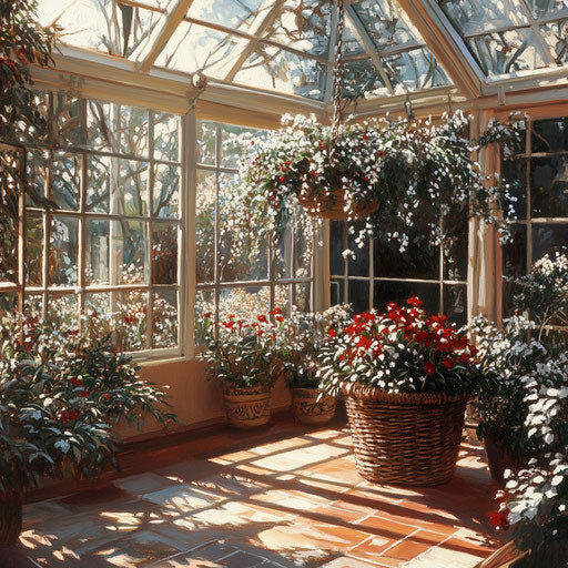 Sunlit conservatory with mistletoe woven into a hanging basket