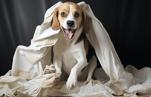 Beagle chewing bone on white bg, dark yellow & light beige style, slumped color-blocked textiles, ISO 200, animated gifs, AP photo
