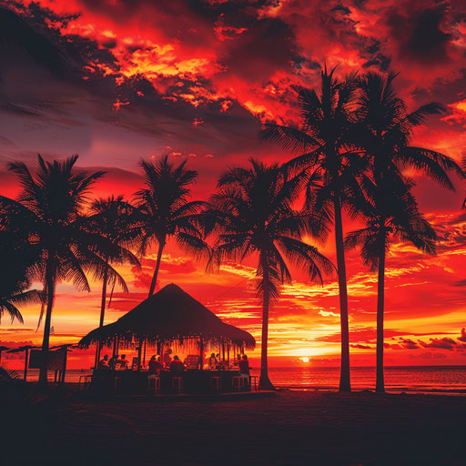 Beach bar with palm trees silhouetted against a fiery sunset
