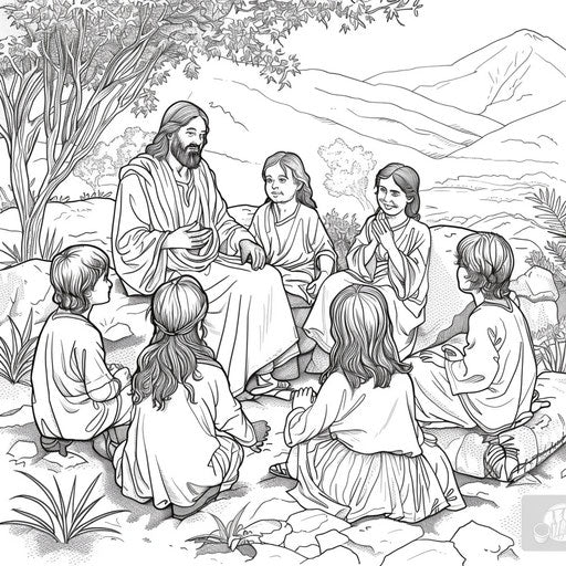 Jesus teaching a group of children with a peaceful background