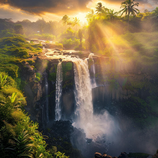 Tegenungan Waterfall with epic mist and golden hour light