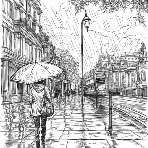 Rainy day scene with detailed architectural elements, in the style of Stephen Wiltshire, Coloring book page