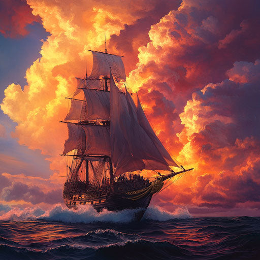 The Mayflower under a sky of glowing orange and pink