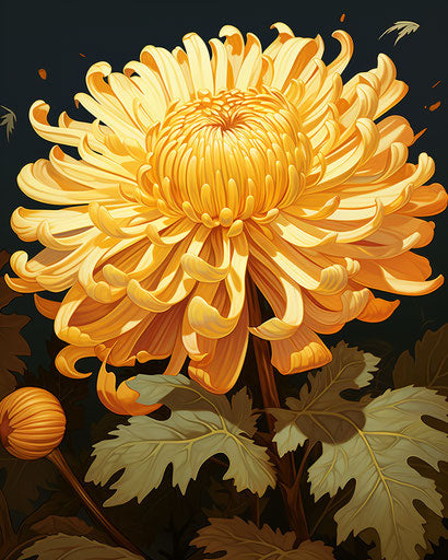 November chrysanthemum, light yellow and dark amber, xmaspunk, abundant symbolism, lovecraftian, cloisonnism, christian griepenkerl 4:5