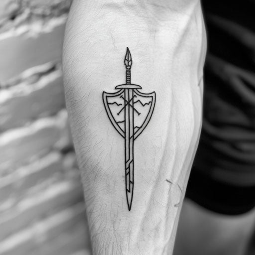 Minimalist tattoo of Roman spear and shield in black