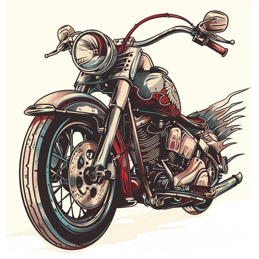 Retro style motorcycle tattoo design with 1950s art elements and muted colors