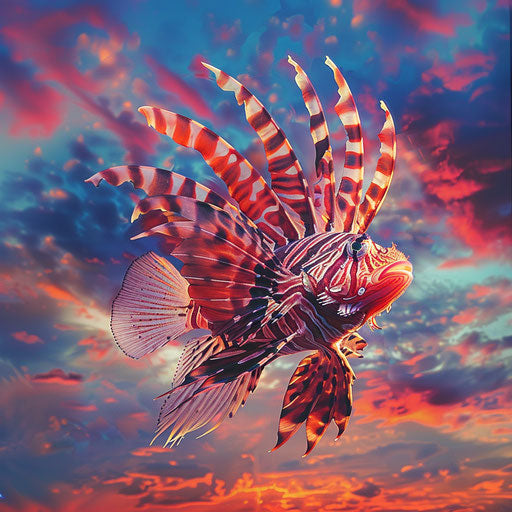 Lion fish against a colorful sky, dynamic and vibrant