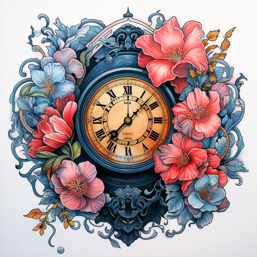 A floral clock, neo-traditional Japanese style