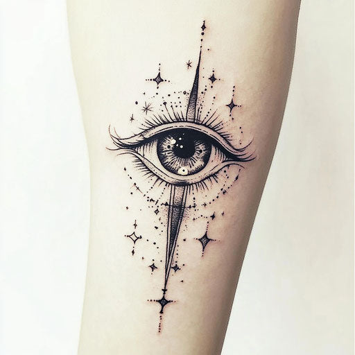 Mystical tattoo with eye and stars on inner elbow