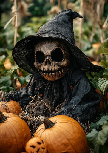 Scarecrow in a pumpkin patch at Halloween