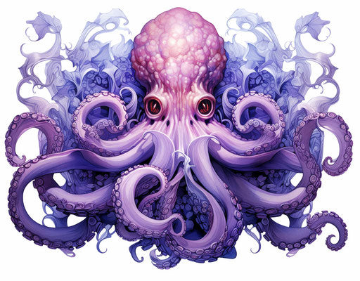 The big blue octopus is purple and purple on white background