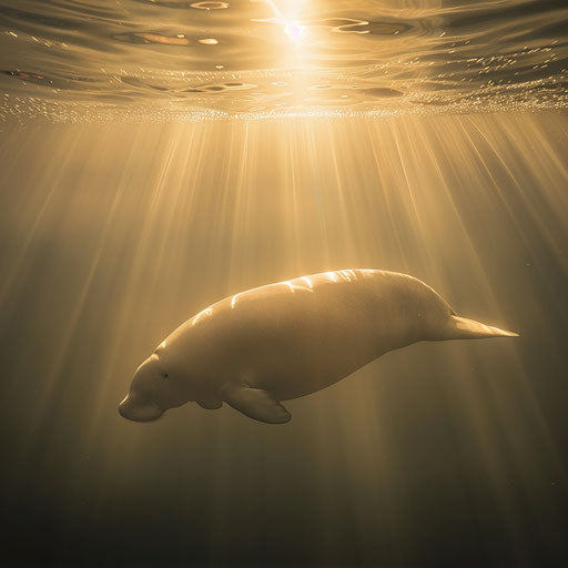 Dugong at dawn with golden light filtering through water