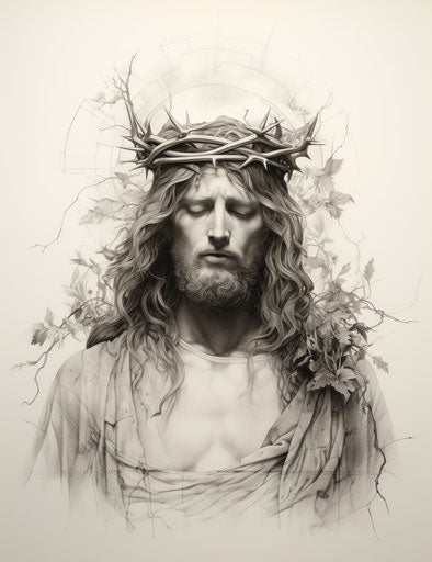 Jesus with crown and heart showing his crown of thorns