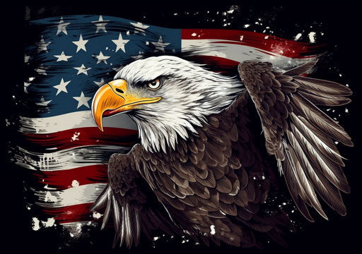 American eagle with flag, pointillist artistic movement