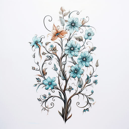 Tree trunk, leaf, and flowers on white background in strong linear style