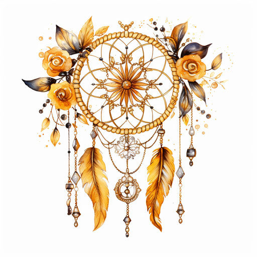 Dream catcher framed in gold floral ornaments on white background