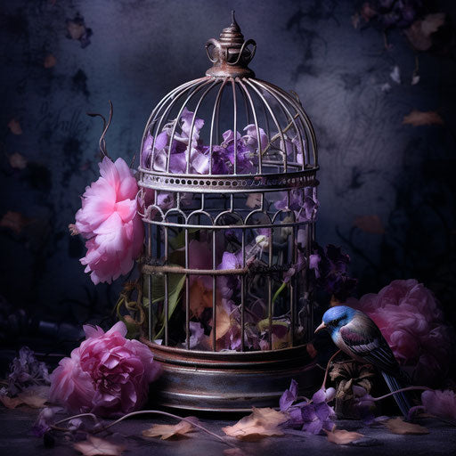 Purple flower in a bird cage