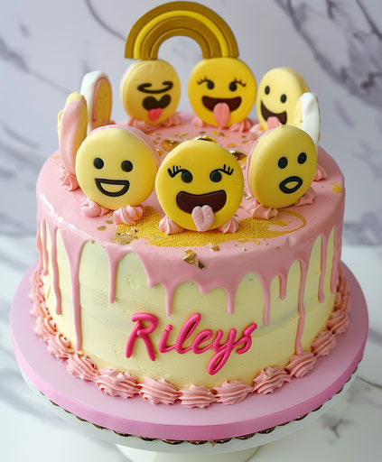 Pink and yellow birthday cake with emoticons