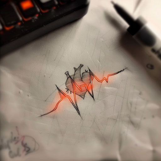 Flat tattoo of EKG heartbeat line with subtle red glow