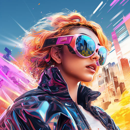 Youthful energy in futuristic city with colorful hair and VR goggles
