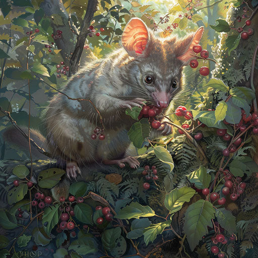 White-tail possum foraging for berries in a bright clearing