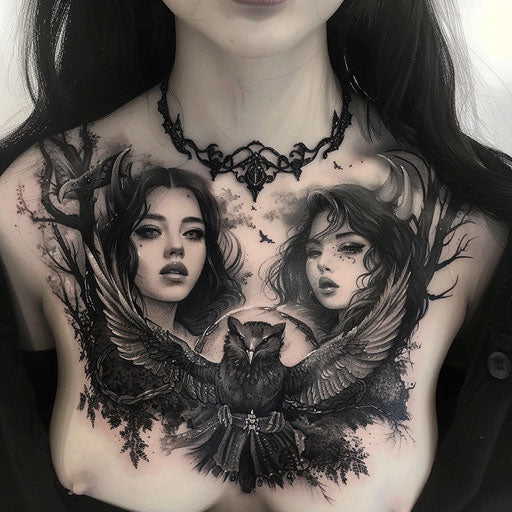 Fantasy chest tattoo for women with mythical creatures and enchanted forests