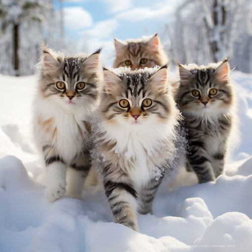 Siberian kittens playing in the snow