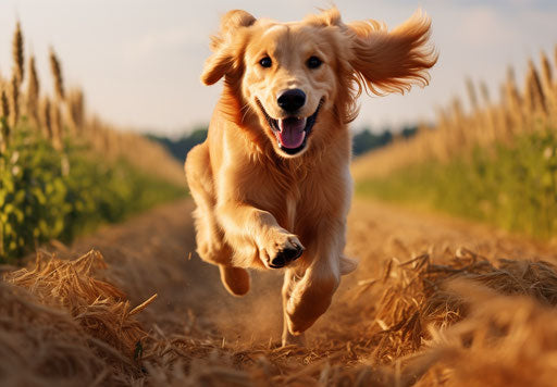 A golden retriever running in a field, youthful energy style