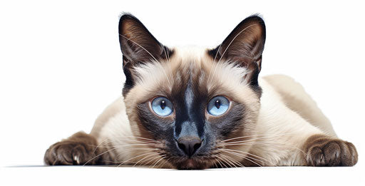 Siamese cat with blue eyes on white background, dark maroon