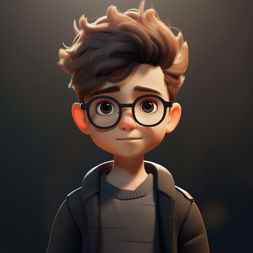 Cartoon boy with little glasses on gray background