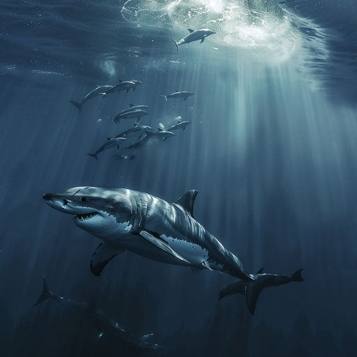 Great white shark swimming with dolphins in the open ocean