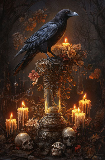 Raven on ornate vial, surrounded by candles and flowers, skulls scattered