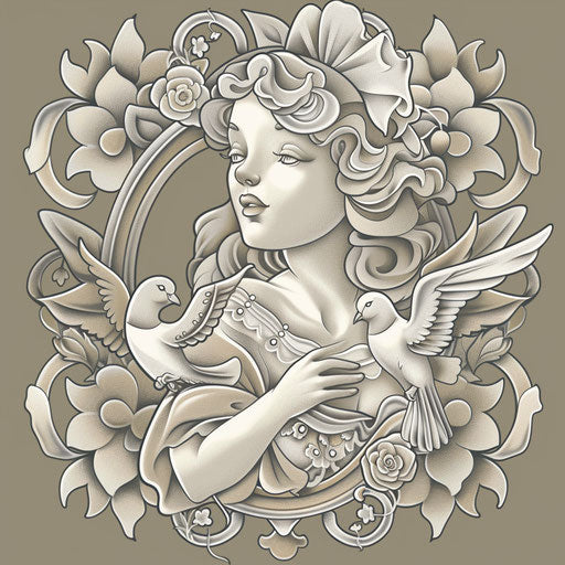 Tattoo sketch of Venus with mirror and doves, clipart style